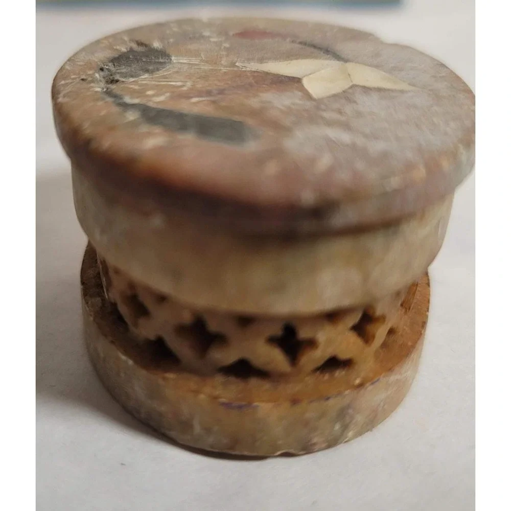 Beige Stone Trinket Box Oval‎ Mini Carved Floral Inlay Decor Gift Rustic